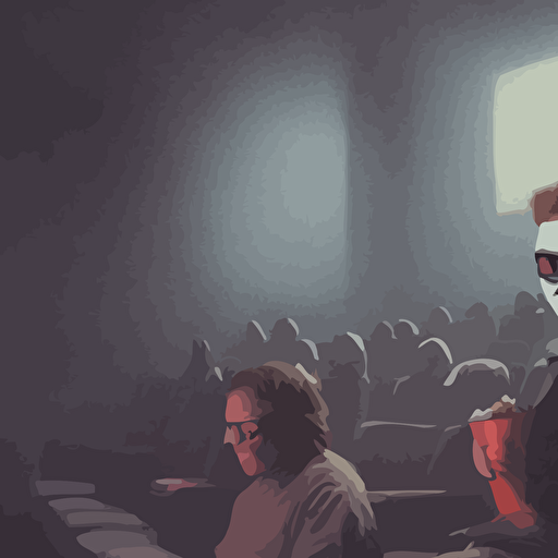 painting michael myers wearing 3d glasses sitting row movie theater seats eating popcorn sharp focus face focused trending artstation masterpiece greg rutkowski ross tran fenghua zhong octane soft render oil canvas moody lighting high contrast cinematic professional environmental concept art