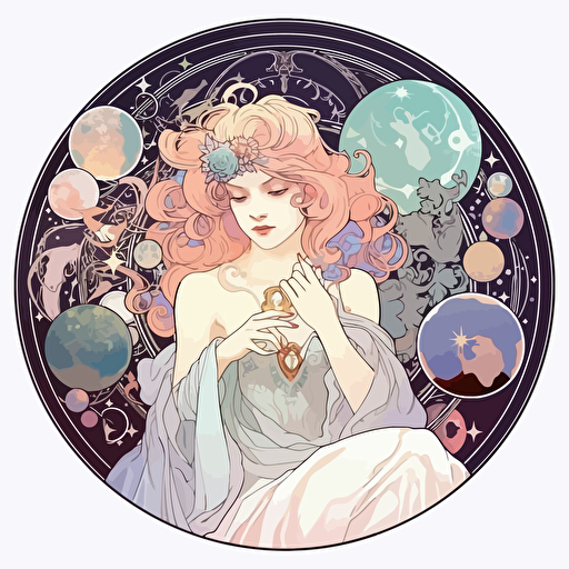 witchy, collection, vector, clipart, white background, pastel shades, atmospheric, Alphonse Mucha style, artistic