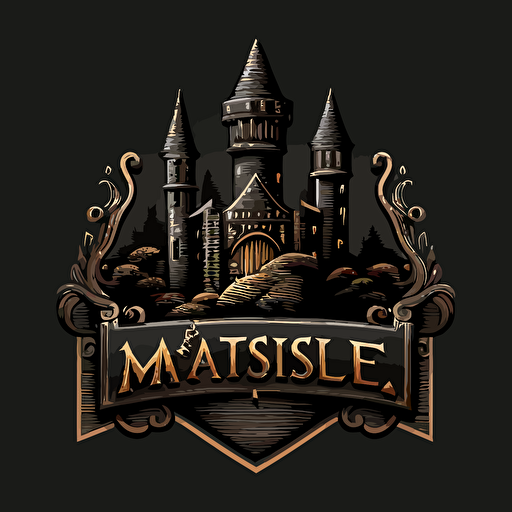 simple logo with a chest and castle, black background, vector