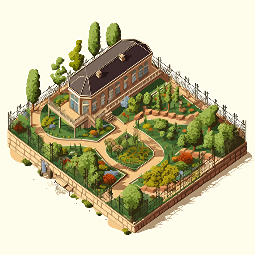 isometric cartoon vector image of a walled botanical garden with transparent background