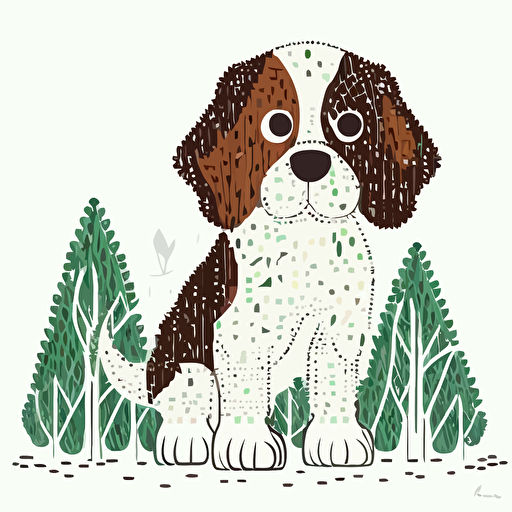 cute dog in the forest made by pointillism, big cute eyes, pixar style, outline and simple shapes, flat vector, white background