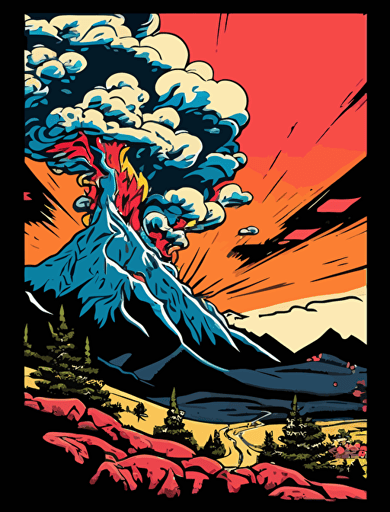a panel from a Shōnen manga depicting a high and erupting mountain in the background, fantastic scenery, wild and beautiful landscape, color pop, flat vector art, bright colors, high resolution