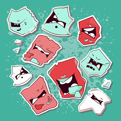 angry pieces of gum on a sticker sheet, vector, contour, flat,