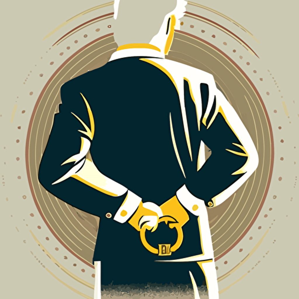 a close up of a man's hands in handcuffs behind his back, art deco, minimalist, vector, cryptocurrency style