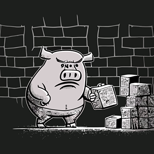 draw black and white minimalistic vectorized sketch of a hog holding a brick and wearing a hard had with an annoyed expression