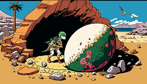 a panel from a Shōnen manga depicting a dinosaur egg buried in the earth's core between rocks and soil, it is dissolving and turning into petroleum, around it we see bones of various dinosaurs, color pop, flat vector art, bright colors, high resolution