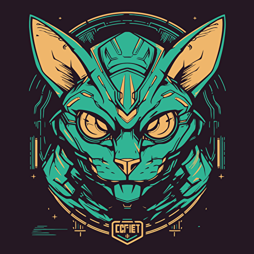 Logo, Menacing, Alien Mecha Cat, Sphynx, Robotic, War Helmet, Green Eyes, Big Ears, Triangle Base, Vector Style,