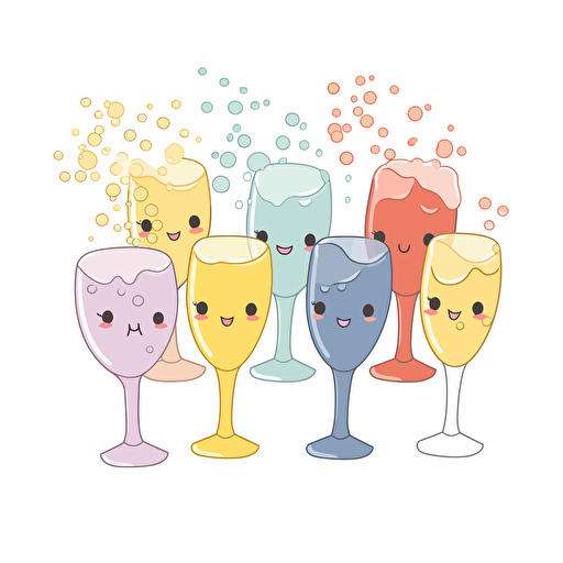 Kawaii floating champaign bubbles, flat, 2D, vector, 16 colors, white background, in anime chibi style