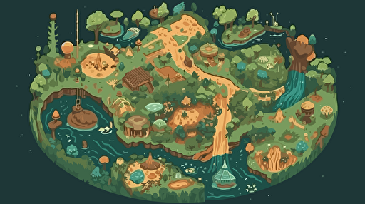 a top-down map of a foreign jungle planet with multiple unexplored landmarks, flat vector