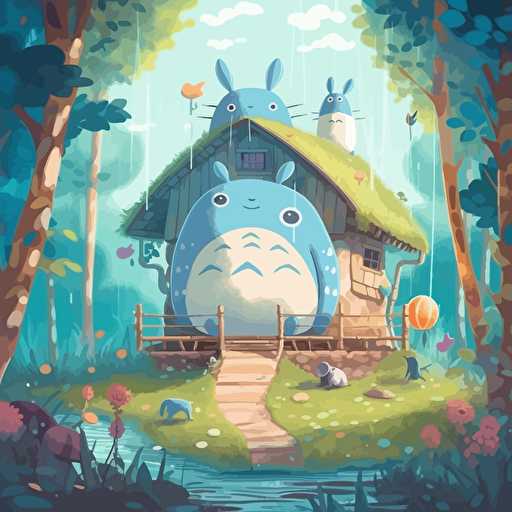 Scene of house in magical forest from My neighbor totoro in the style of Bluey from ABC. Vector based kids show. Pastel colors. Bright and cheery