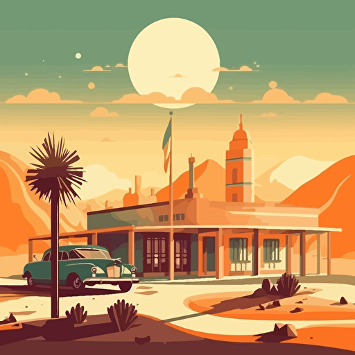 desert town, with gas station and caravans, sunny, mondo poster, silhouette, minimal illustration, vector art, dkng style, 5 retro colours