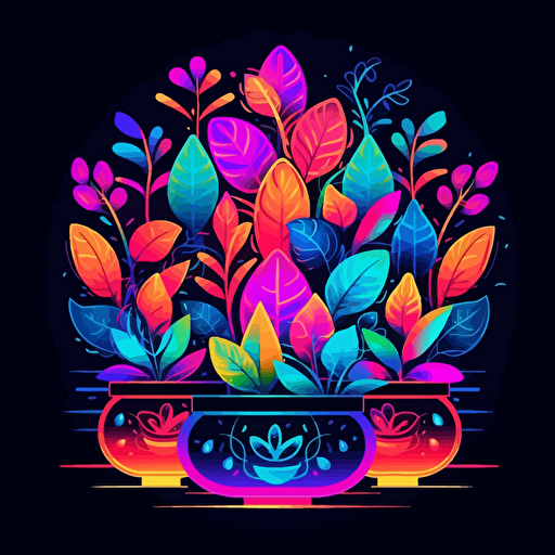 plant pots, surrounded by a circle of elegant leaf motifs, 2d vector, neon colors, epic composition