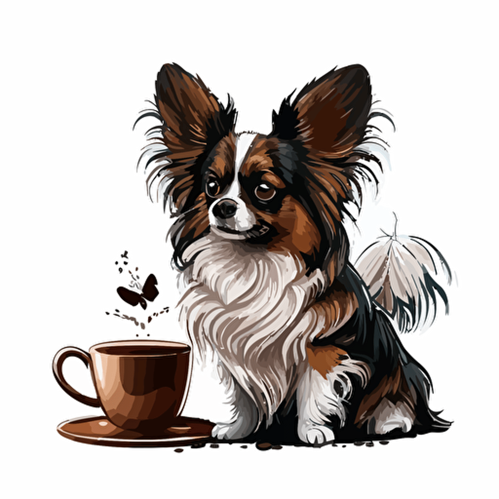 papillon dog with a cup of coffee logo, vector art, clipart, cartoonistic with white background