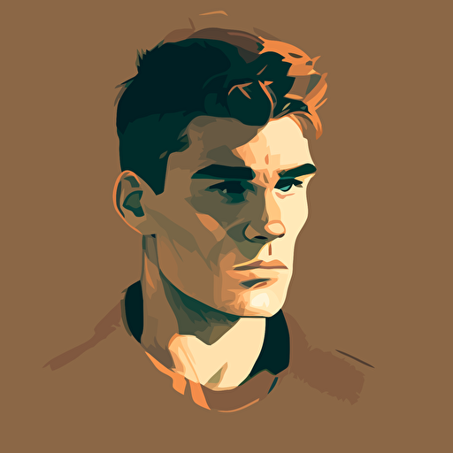 Young man, brown eyes, tapered dark autumn gold hair, no other distinctive features, focused stoic demeanor, meditation, headshot, muted colors, simplistic, vectorized, pencil sketch