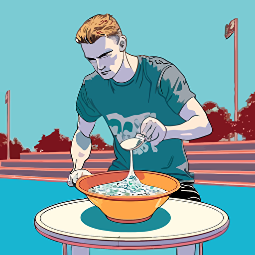 gta san andreas style drawing of a young white man standing on center of a playground and eating cereals from bowl with a spoon, digital drawing, vector, hd