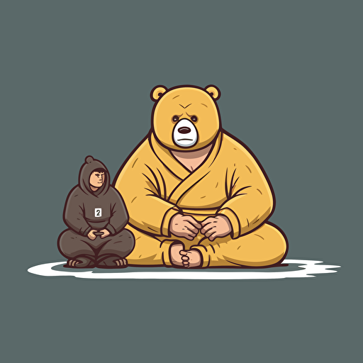 First Bear is layed out flat on the ground. Second Bear is standing slightly kneeling with one knee on First Bear's stomach, Both Bears wearing jiu jitsu clothes,, vector animation illustration, 4 colors limit, solid background, high resolution