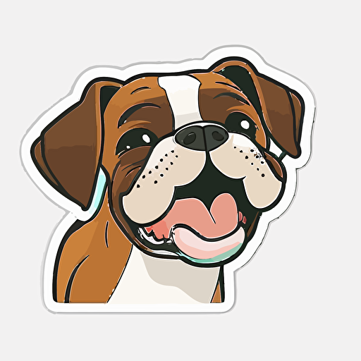 Cute, happy, smiling boxer dog head sticker logo, dog tongue out, chibi style, cartoon, clean, vector, 2d, white background, no accessories, without accessories, no text, without text