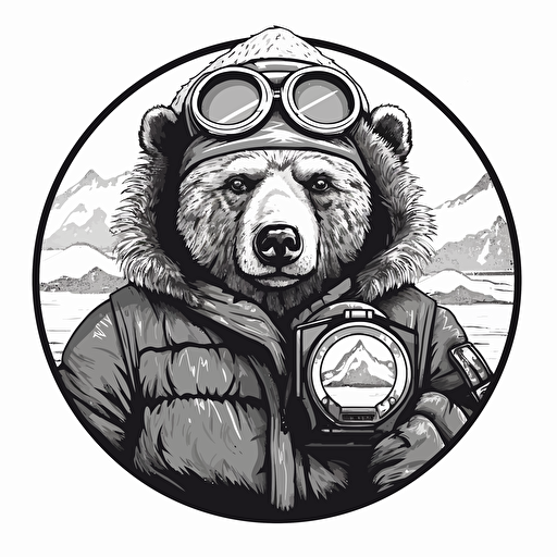 bear with binoculars, vector icon, black and white, white background ::vector style