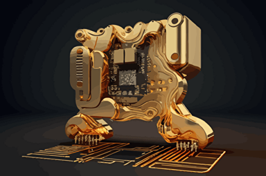 a golden semiconductor / central processing unit / integratec circuit with legs, valuable and exclusive, vector art, inspired by nevercrew, beautiful art uhd 4 k, trending on artstration, best of behance, looking friendly, positive empathic in energetic atmosphere