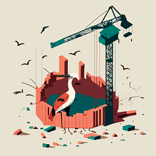 vector minimalistic illustration, show a simple construction site with a crane, bricks in the middle