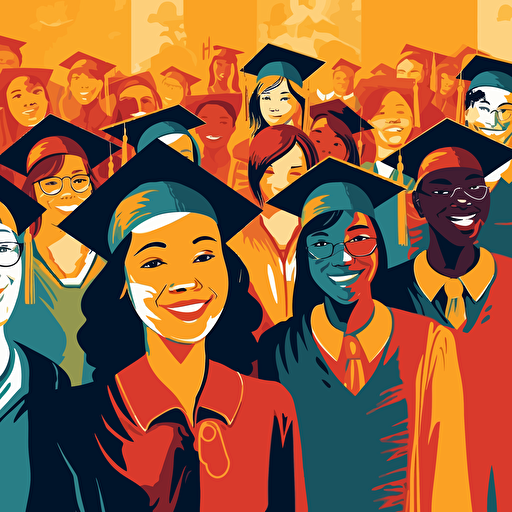 Vector illustration of college school students at their graduation at school, with smile,wide shot, all races, in vivid colors