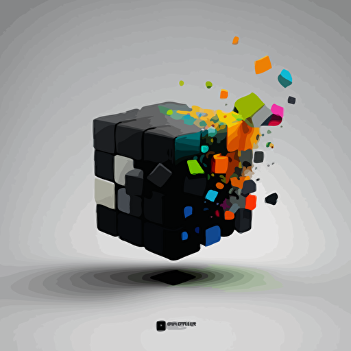 simple logo, minimalist, 9 cuded vectorized, gray and black colors on the exterior print layer , delicacy, interlayer of 1/2 size small muilti-colored cubes inside falling out of the cube, with different shades, black background