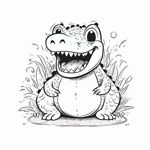 alligator, cute, happy, pixar, coloring page black and white comic book flat vector, white background