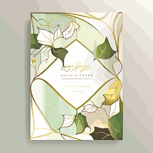 wedding booklet design. Stained glass ivy petal art front page. Muted colors. Light green, gold, white. Minimalistic. Flat vector illustration.