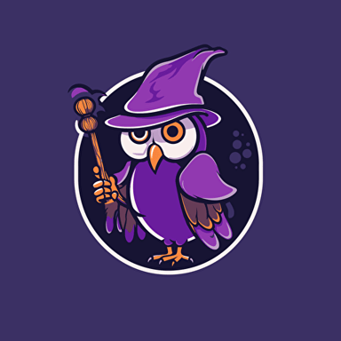 wizard owl flying, bumping it's nose into a wall in side profile, holding a magic wand with it's feet, vector logo, purple, simple, dribbble art