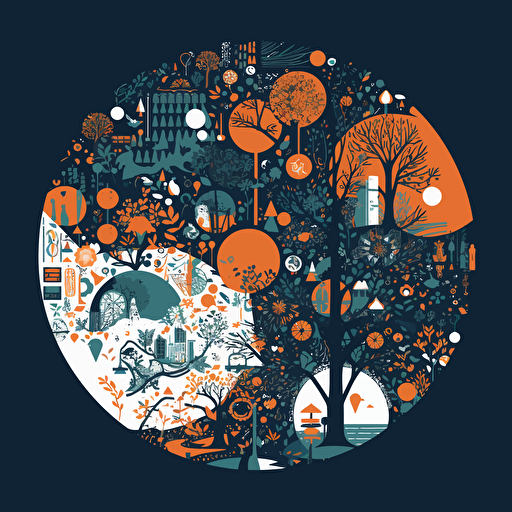 A picture that symbolize future, experiential sustainability, learning, Vector Syle, dark background, blue, white, orange