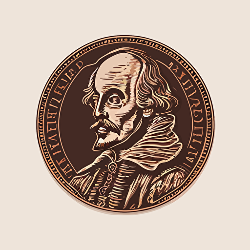 shakespeare on a penny in a flat, vector line style, 1 color, like a logo