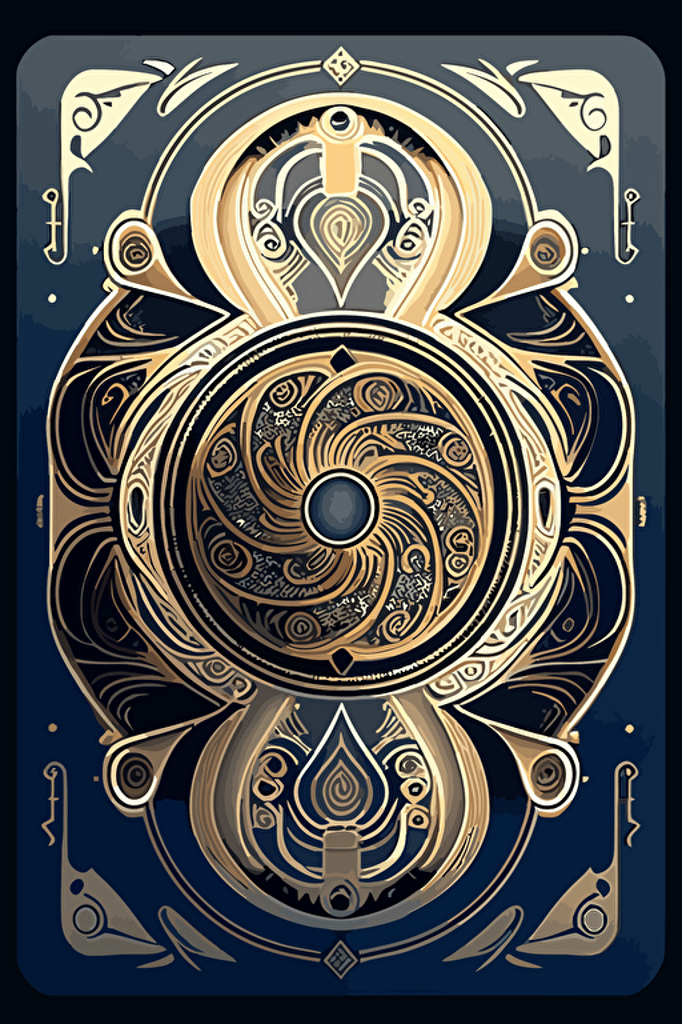 A card back, in an ornate mechanical geometric style, [Two colors]. The card back should have a unique design, with elements of fluidity and movement, Flat with no shadow, no script, horizontal symmetry, while still maintaining a cohesive look and feel throughout the deck. Two circles in the middle. Symmetrical design. The overall design should evoke a sense of tranquility, The final product should be high-quality, vector artwork, suitable for printing on the backs of standard playing cards.