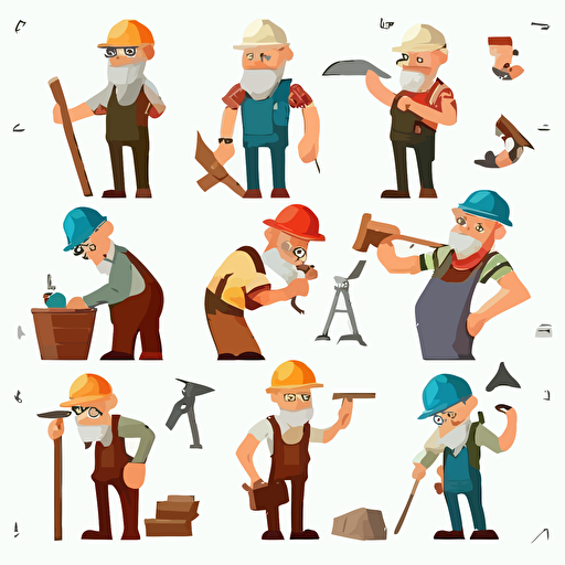 12 yaers old Builders Wearing Hard Hat with Construction Tools Executing Work Vector Set, different poses, isolated, white background