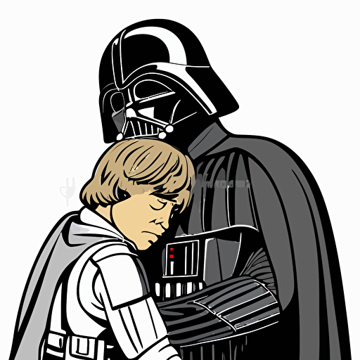Darth vader and luke skywalker cuddling, Clipart, joyful, Primary Color, comic style, Contour, Vector, White Background, Detailed