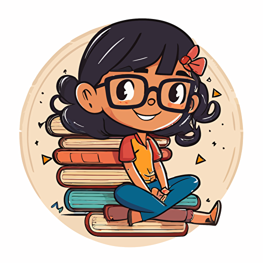 Imagine a Disney-style vector caricature of a nerdy Indian girl sitting and smiling against a plain white background. The girl is wearing glasses and surrounded by a pile of books. The artwork is designed in a round circle format, with a whimsical and playful tone to it. 12k v 5