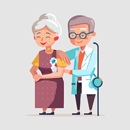 granny getting needle in arm by a doctor, smiling, 2d, flat vector illustration, white background