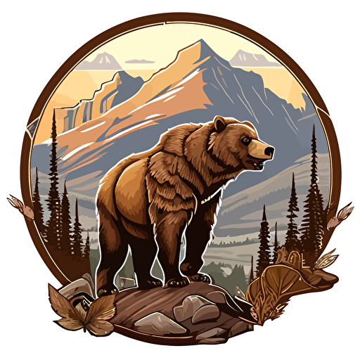 A emblem with a Bear Standing:: background of Pyrenees mountain, warm, color, vector