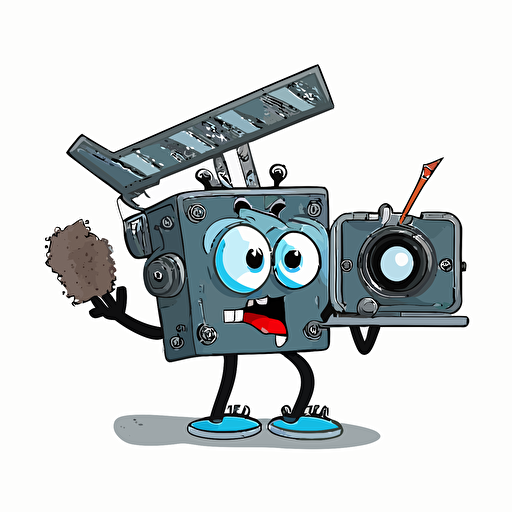 a vector logo of a funny cartoon film slate with legs, holding a cinema camera, logo design, clean, cartoon, highly detailed on a white background
