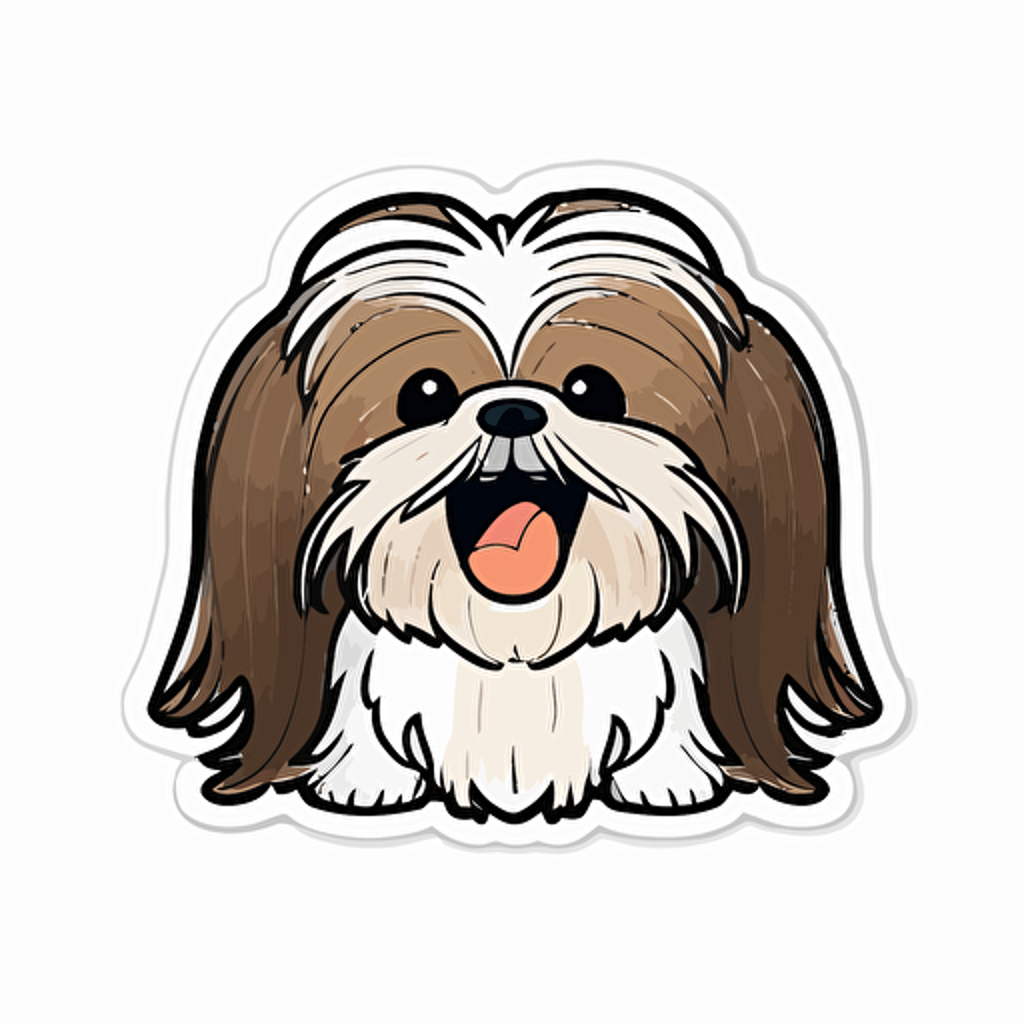 Cute, happy, smiling shih tzu dog head sticker logo, dog tongue out, chibi style, cartoon, clean, vector, 2d, white background, no accessories, without accessories, no text, without text