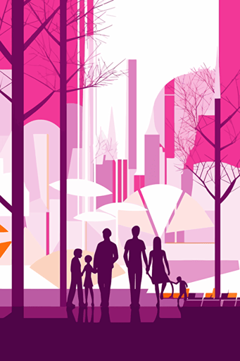 vector, minimalist, geometric, family, in front of the city of Nanterre in france, trees, orange, white,
