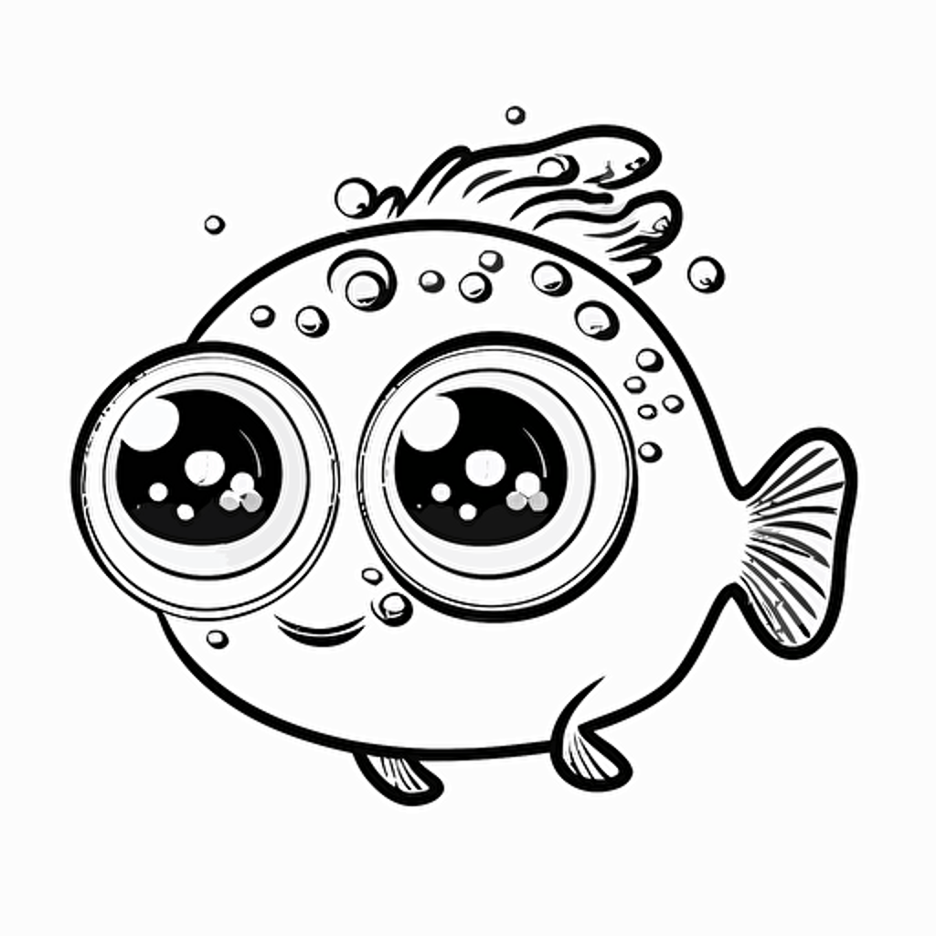 cute fish, big cute eyes, pixar style, simple outline and shapes, coloring page black and white comic book flat vector, white background