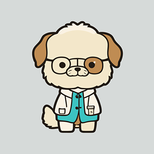 kawaii perro vestido como un doctor, 2d, flat, vector style, contour, white background.