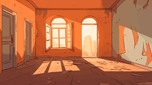 vector illustration, old decrepit bare orange wall in an empty room, 2d animation, anime, vector image