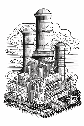 a board game card that is depicting a 2d geometric illustration of a coal power plant in a vector line drawn form, black and white, white background