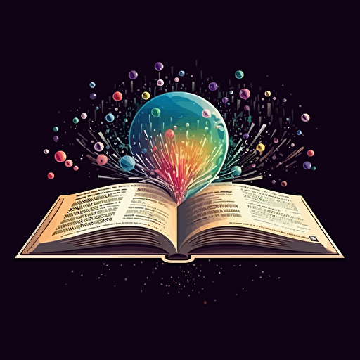 an open book with a small universe coming out of the pages, vector, art