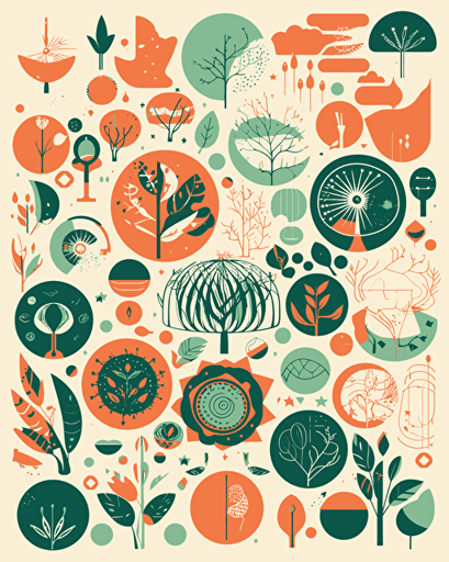 organic shapes and elements from nature, retro aesthetics, vector image, sticker design, pantone colors: 12