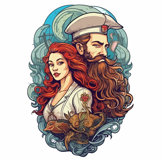 mermaid with ship captain digital art, vector, hyper-detailed, white background, sticker,