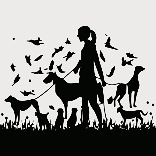 a siluethe of a female veterinary with dogs playing around her, vectorized, minimalist