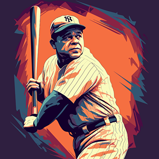 vector illustration of Babe Ruth hitting a baseball, in vivid details, in vivid colors