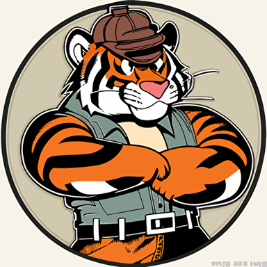 the classic Exxon tiger wearing a wide brim flat brim hard hat, industrial scene, cartoon, vector art, ultra contrast, holding a valve wrench or monkey wrench, circular sticker logo, dark, red, black, white, tiger wearing work clothes, tiger head, man body from waist up, tiger has a tough look on his face, tiger’s face and body are dirty from working in the oil industry, tiger is muscular